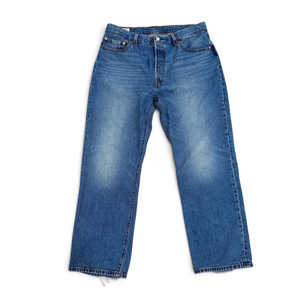 Levis Premium 501 90s Straight Leg Jeans Blue Denim Distressed Hem Size 32x30